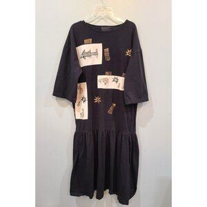 Doodles Dress Women's Large Black Oversized Midi Graphic Tiered Boho Hippie Fall